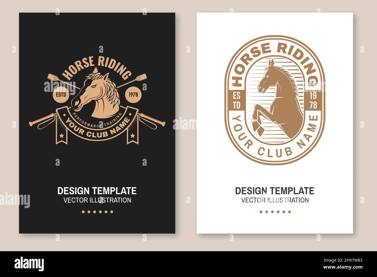 Set of Horse riding sport club flyer, brochure, banner, poster. Vector illustration. Vintage monochrome equestrian label with rider, riding crop and Stock Vector