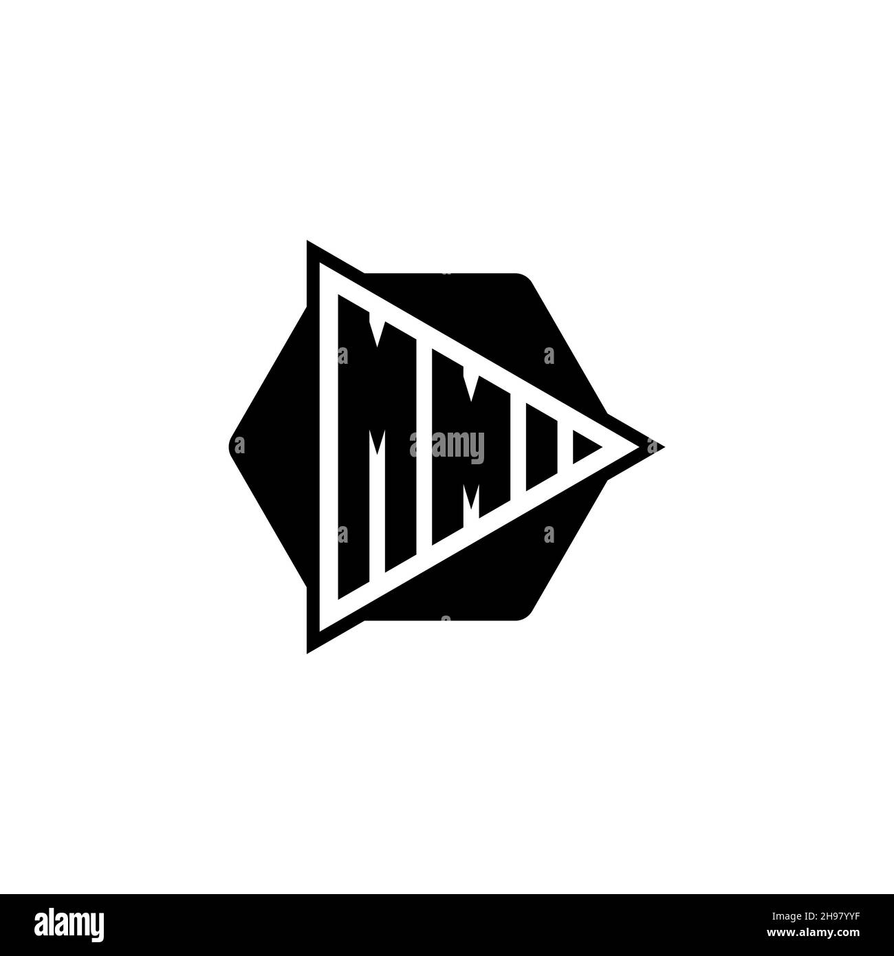 MM Monogram logo letter with triangle play button shape hexagonal rounded. Triangle circle monogram logo, triangle shield logo letter. Stock Vector