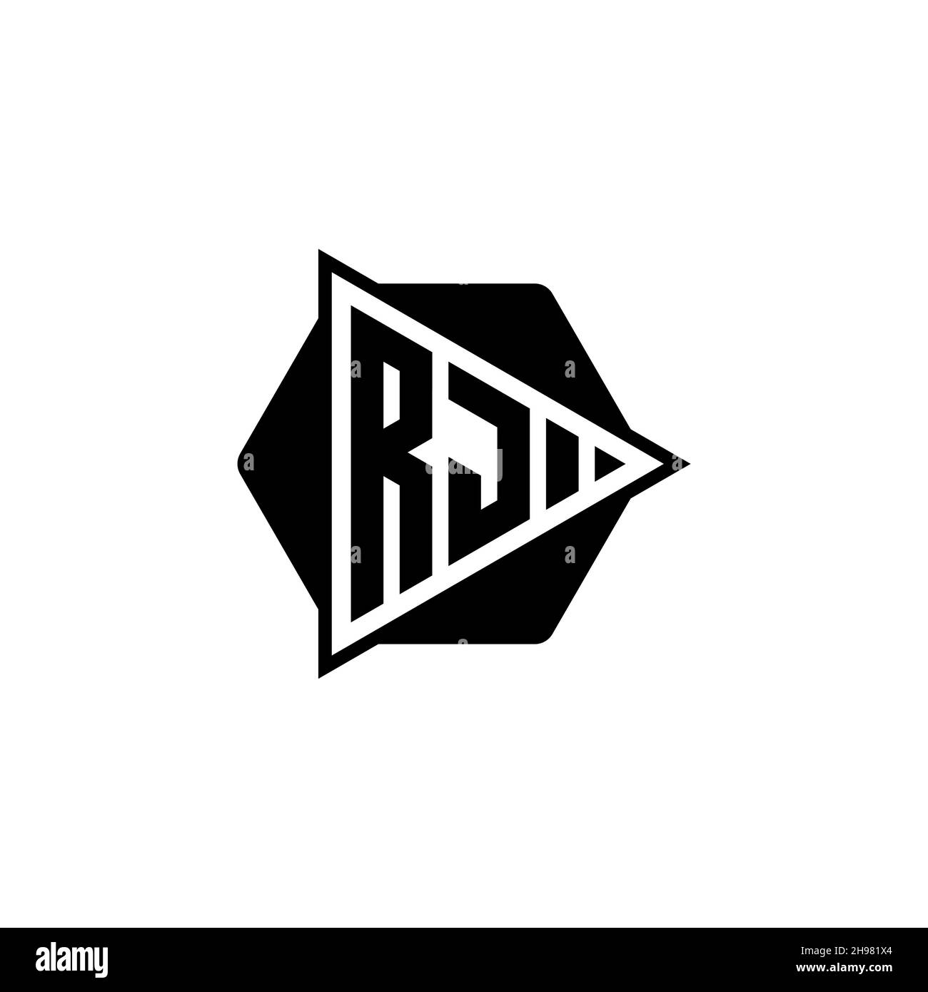 RJ Monogram logo letter with triangle play button shape hexagonal rounded. Triangle circle monogram logo, triangle shield logo letter. Stock Vector
