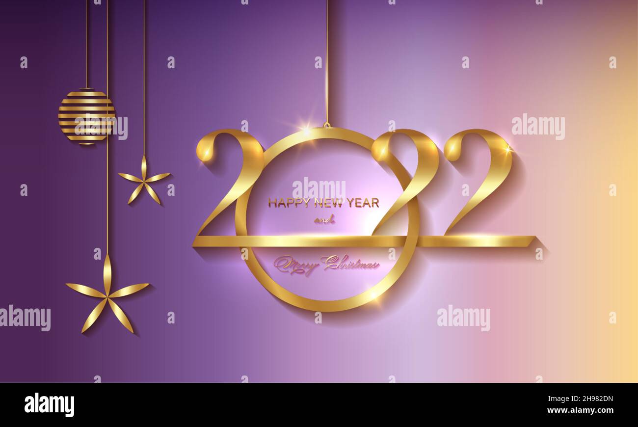 2022 Christmas luxury holiday banner with gold handwritten Merry Christmas and Happy New Year, gold colored Christmas balls. Vector illustration Stock Vector