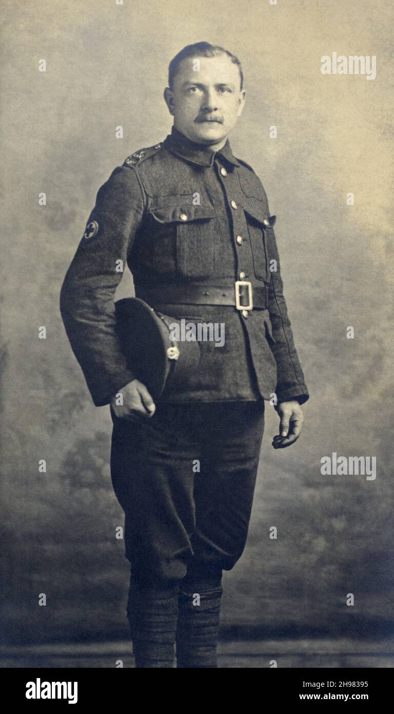A First World War era portrait of a British army soldier, a Private in a Territorial Force unit of the Royal Army Medical Corps (RAMC). Stock Photo