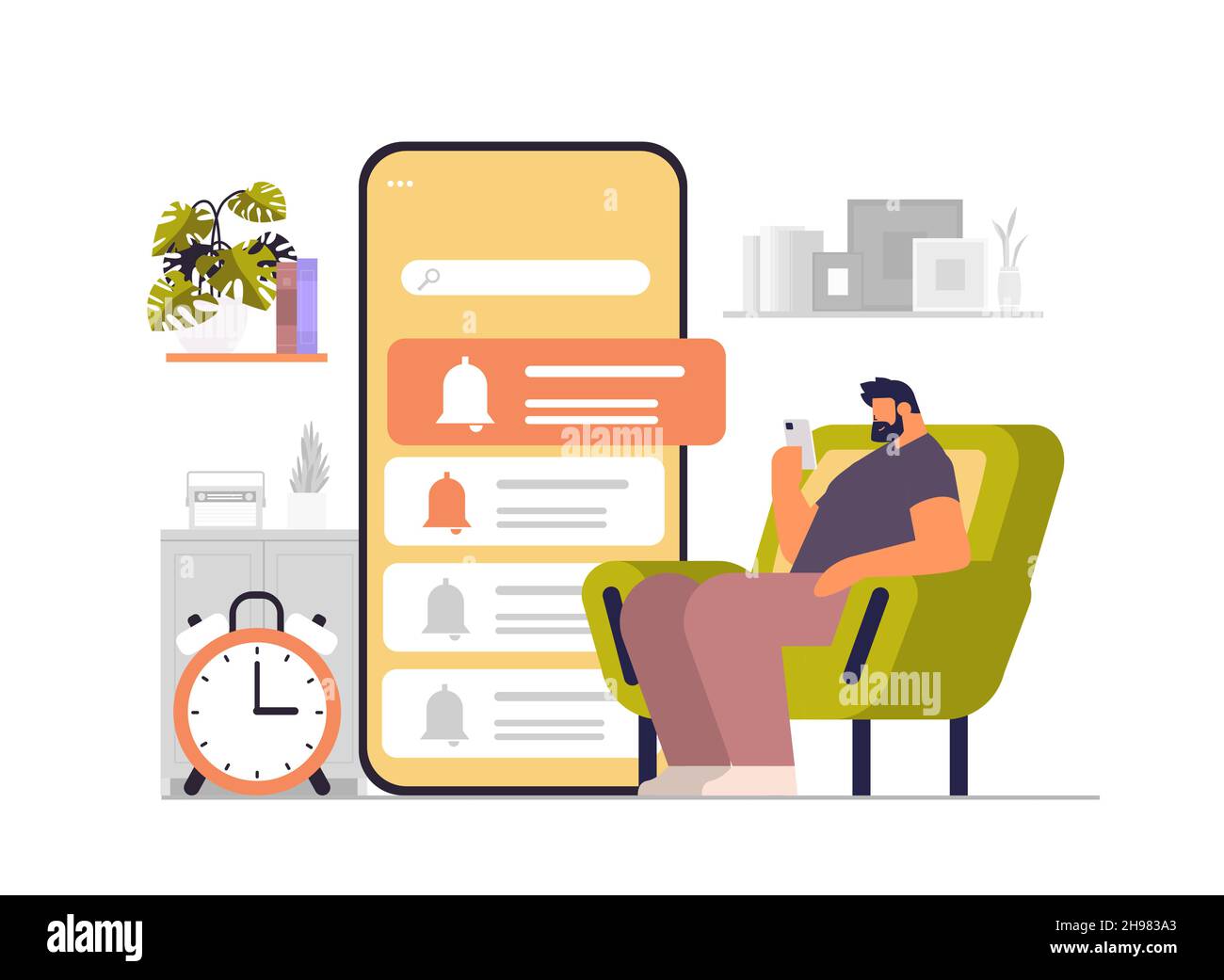man programming time reminder alarm on smartphone screen office day planner notification schedule application Stock Vector