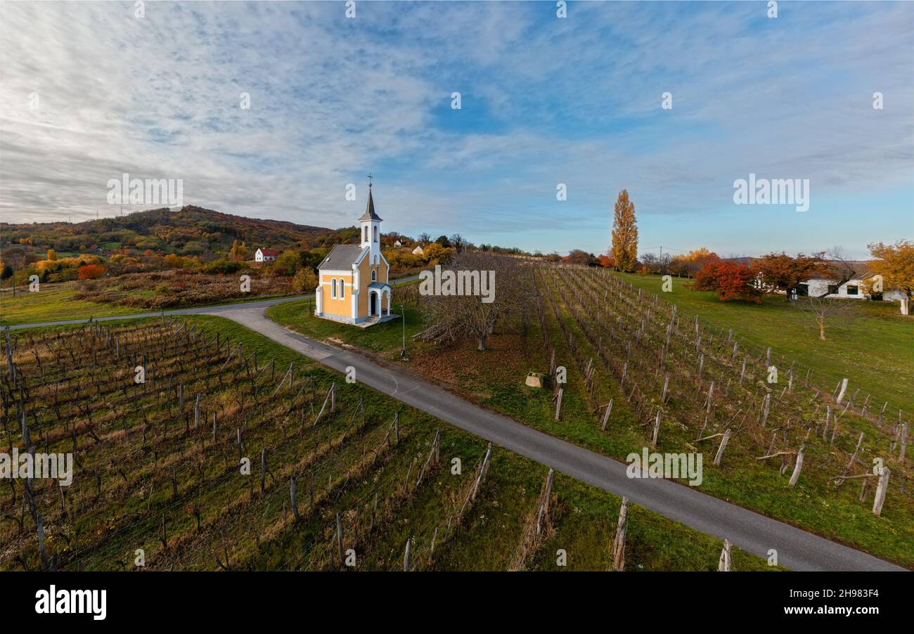 Amazing little chapel near by lake Balaton in Hungary. Next to Lencseitsvand town. Amazing autunm mood with grape fields. This building name is virgin Stock Photo