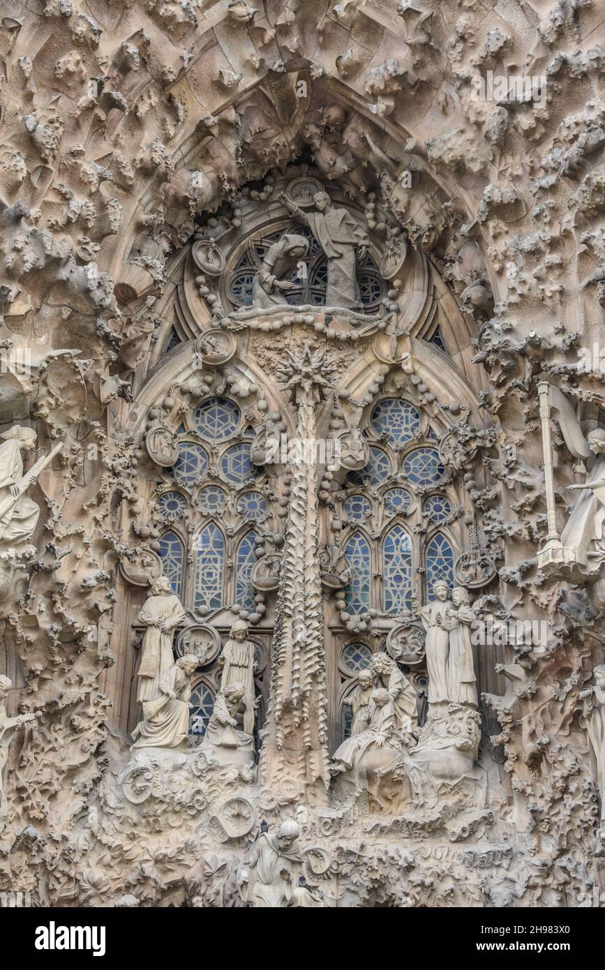 Barcelona, Spain - 22 Nov, 2021: Details from the East Door of the Sagrada Familia Cathedral, Barcelona, Catalonia, Spain Stock Photo