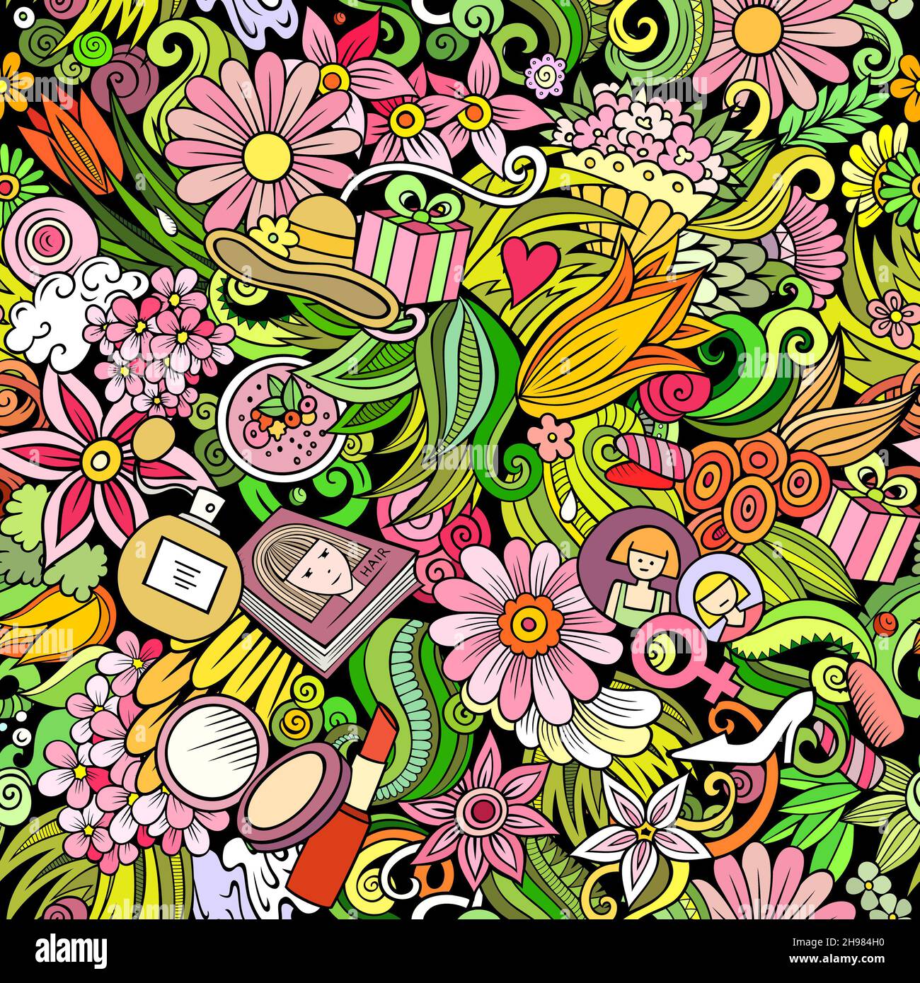 Cartoon doodles 8 March seamless pattern. Backdrop with Happy Womans Day symbols and items. Colorful detailed background for print on fabric, textile, Stock Photo
