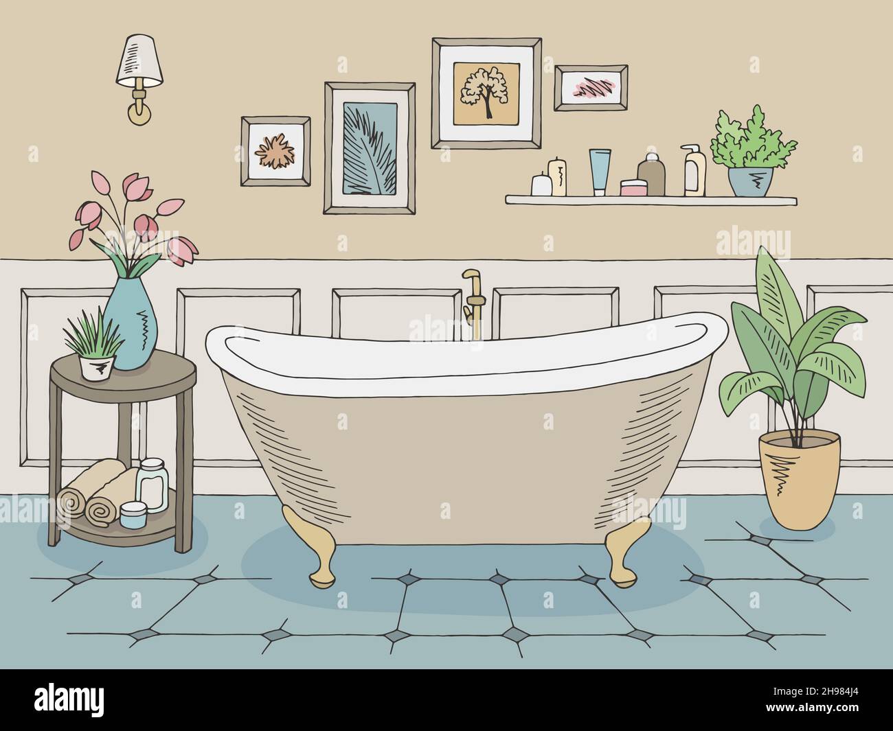 Bathroom graphic home interior color sketch illustration vector Stock Vector