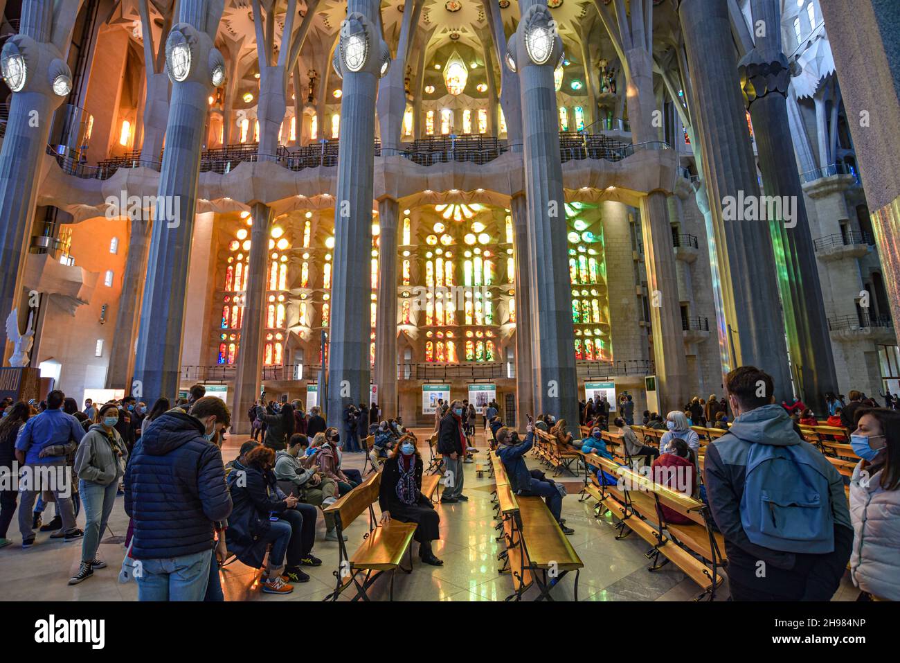 Barcelona, Spain - 22 Nov, 2021: Interior ceiling of the Basilica Sagrada Familia, Barcelona, Catalonia, Spain Stock Photo