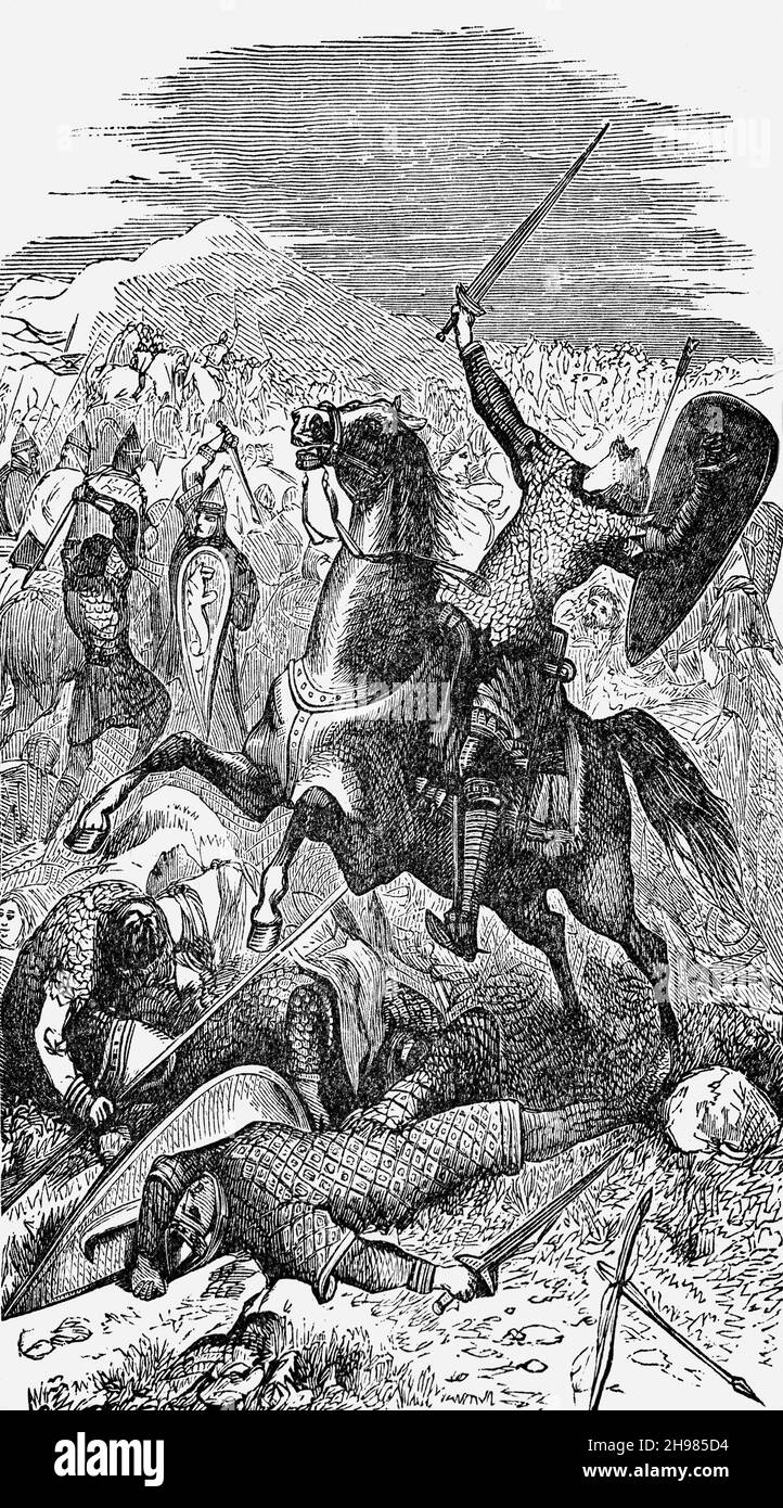 A late 19th Century illustration of the death of the Anglo-Saxon King Harold Godwinson (supposedly by an arrow in his eye) at the Battle of Hastings fought on 14 October 1066 between the Norman-French army of William, the Duke of Normandy, and an English army under Harold beginning the Norman conquest of England. It took place close to the present-day town of Battle, East Sussex, and was a decisive Norman victory. Stock Photo