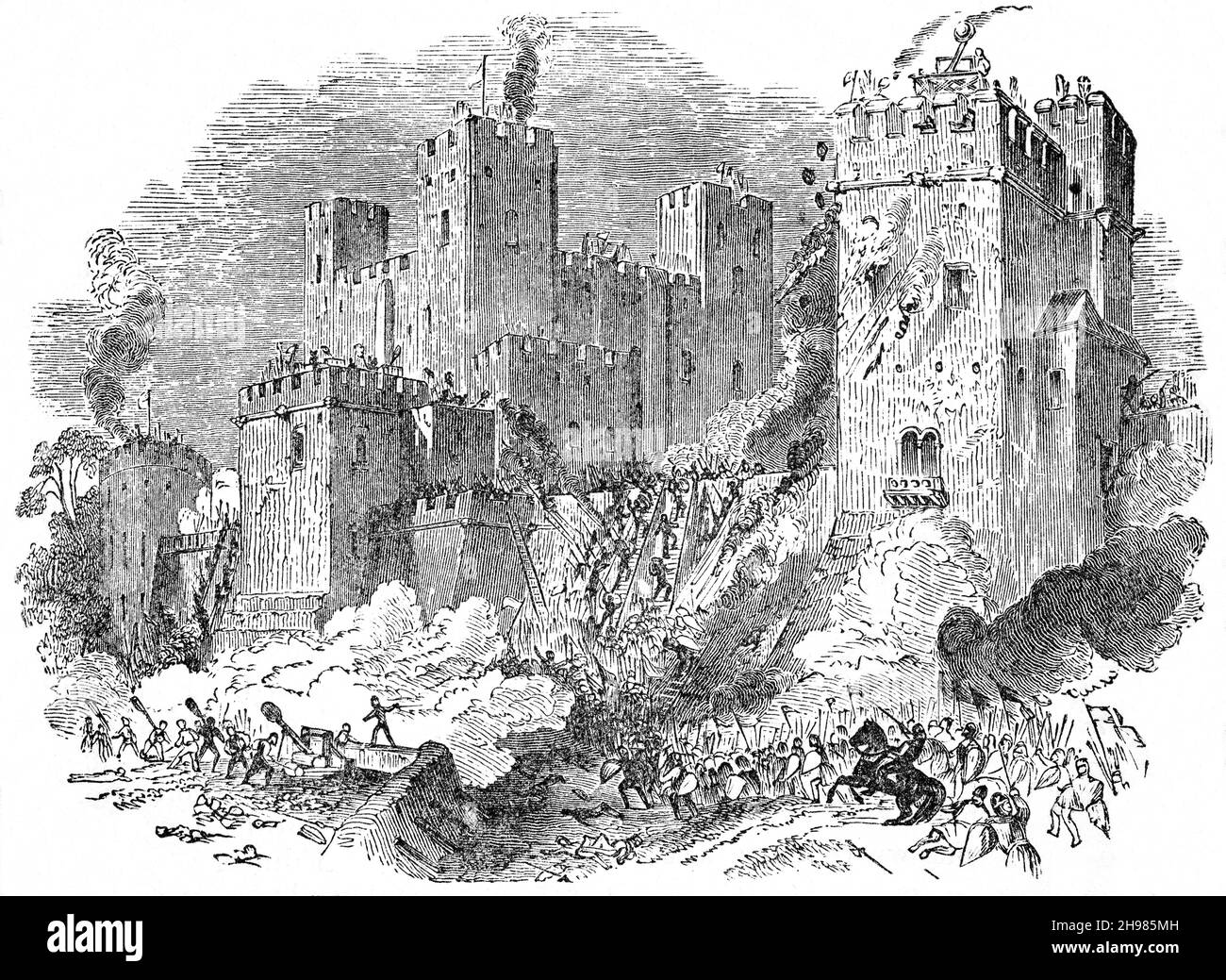 A late 19th Century illustration of the seige of 12th-century Rochester Castle on the east bank of the River Medway in Rochester, Kent, South East England. During the First Barons' War (1215–1217) in King John's reign, baronial forces captured the castle from Archbishop Stephen Langton and held it against the king, who then besieged it. After resisting for just over seven weeks, the castle was badly damaged, with breaches in the outer walls and one corner of the keep collapsed; hunger eventually forced the defenders' hand and the garrison surrendered. Stock Photo