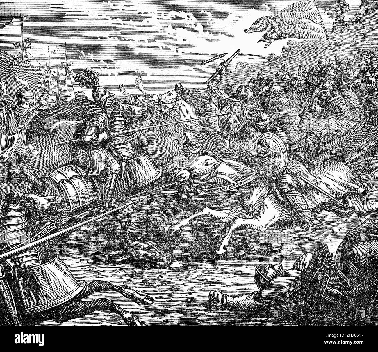 A late 19th Century illustration of the Battle of Pinkie, aka the Battle of Pinkie Cleugh, that took place on 10 September 1547 on the banks of the River Esk near Musselburgh, Scotland. It was the last pitched battle between Scotland and England before the Union of the Crowns, part of the conflict known as the Rough Wooing and is considered to have been the first modern battle in the British Isles. Stock Photo