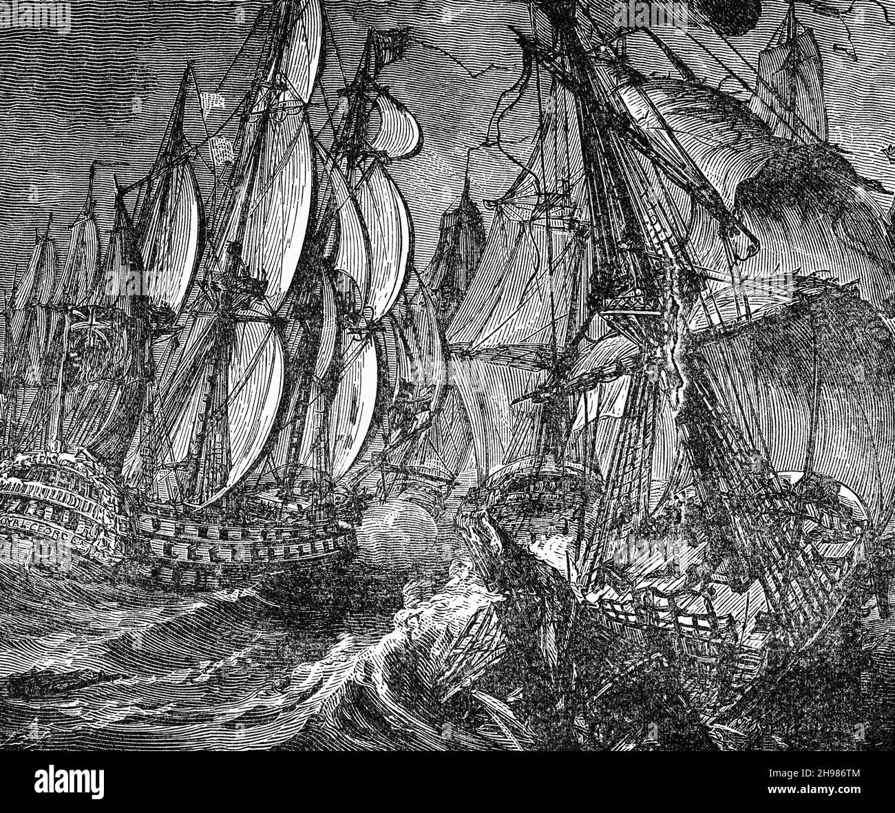 A late 19th Century illustration of the Battle of Cape St. Vincent, a naval battle that took place off the southern coast of Portugal on 16 January 1780 during the American Revolutionary War. A British fleet under Admiral Sir George Rodney defeated a Spanish squadron under Don Juan de Lángara. The battle is sometimes referred to as the Moonlight Battle because it was unusual for naval battles in the Age of Sail to take place at night. It was also the first major naval victory for the British over their European enemies in the war and proved the value of copper-sheathing the hulls of warships. Stock Photo
