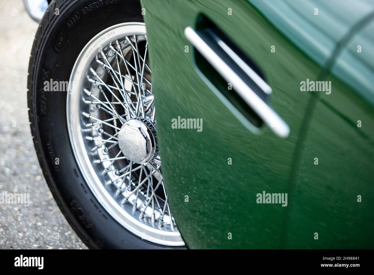 Spoked wheel of a 1961 Aston Martin DB4 GT previously owned by Donald Campbell. Stock Photo