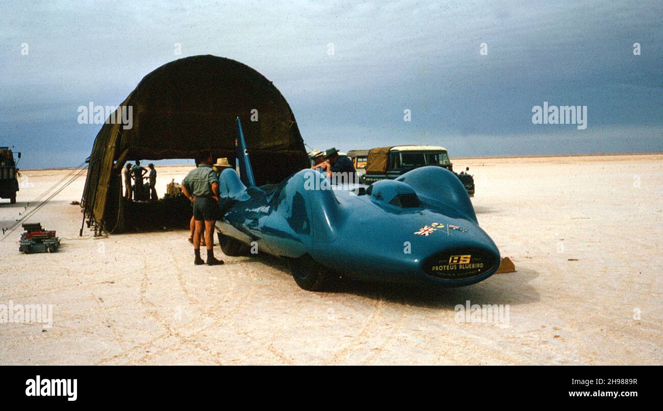 Bluebird CN7 in temporary canvas hangar for World Record attempt, Lake Eyre, Australia, 1964. Stock Photo