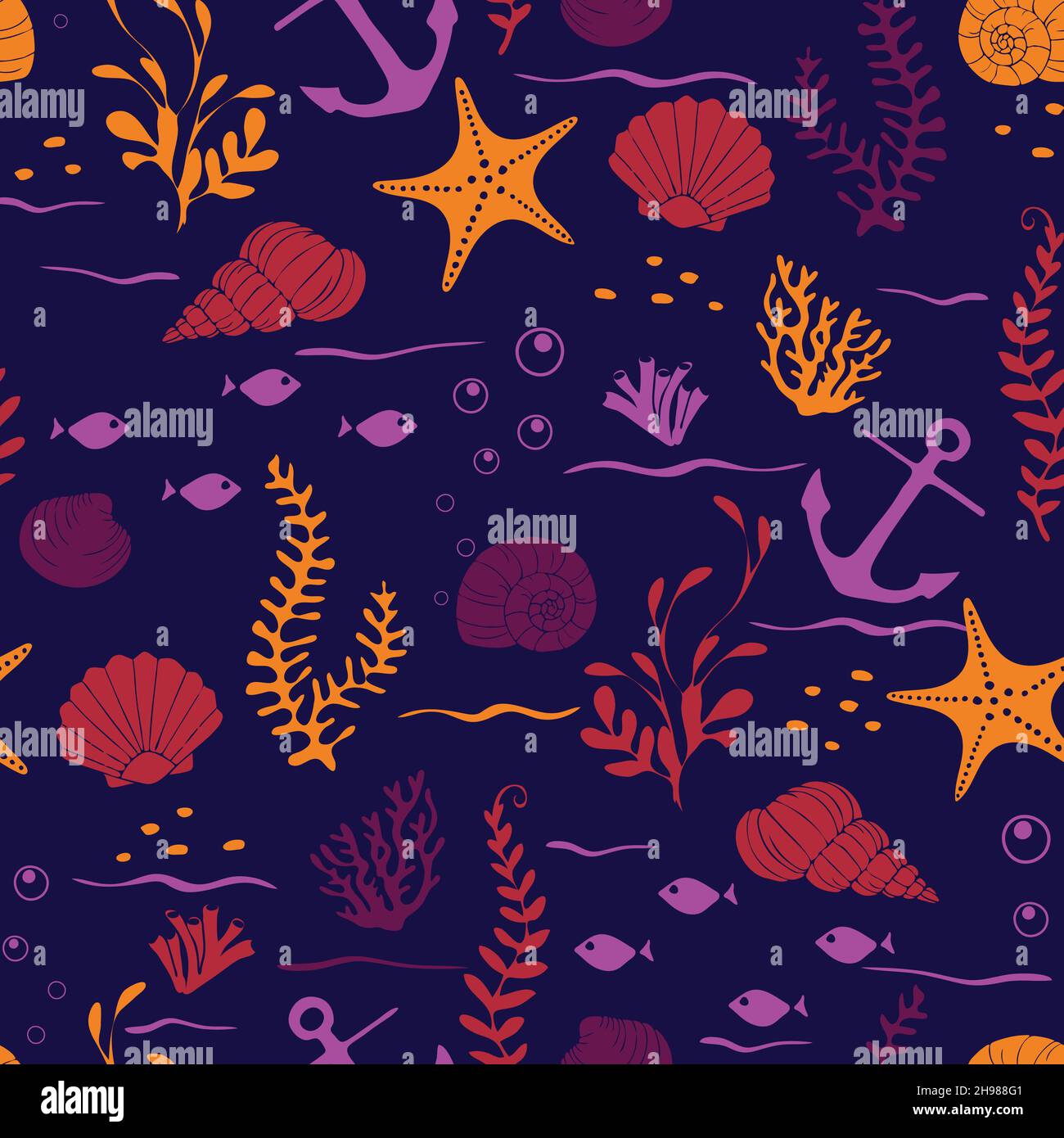 Seamless vector pattern with seashells and fish on purple background.  Beautiful underwater wallpaper design. Bright summer beach fashion textile  Stock Vector Image & Art - Alamy