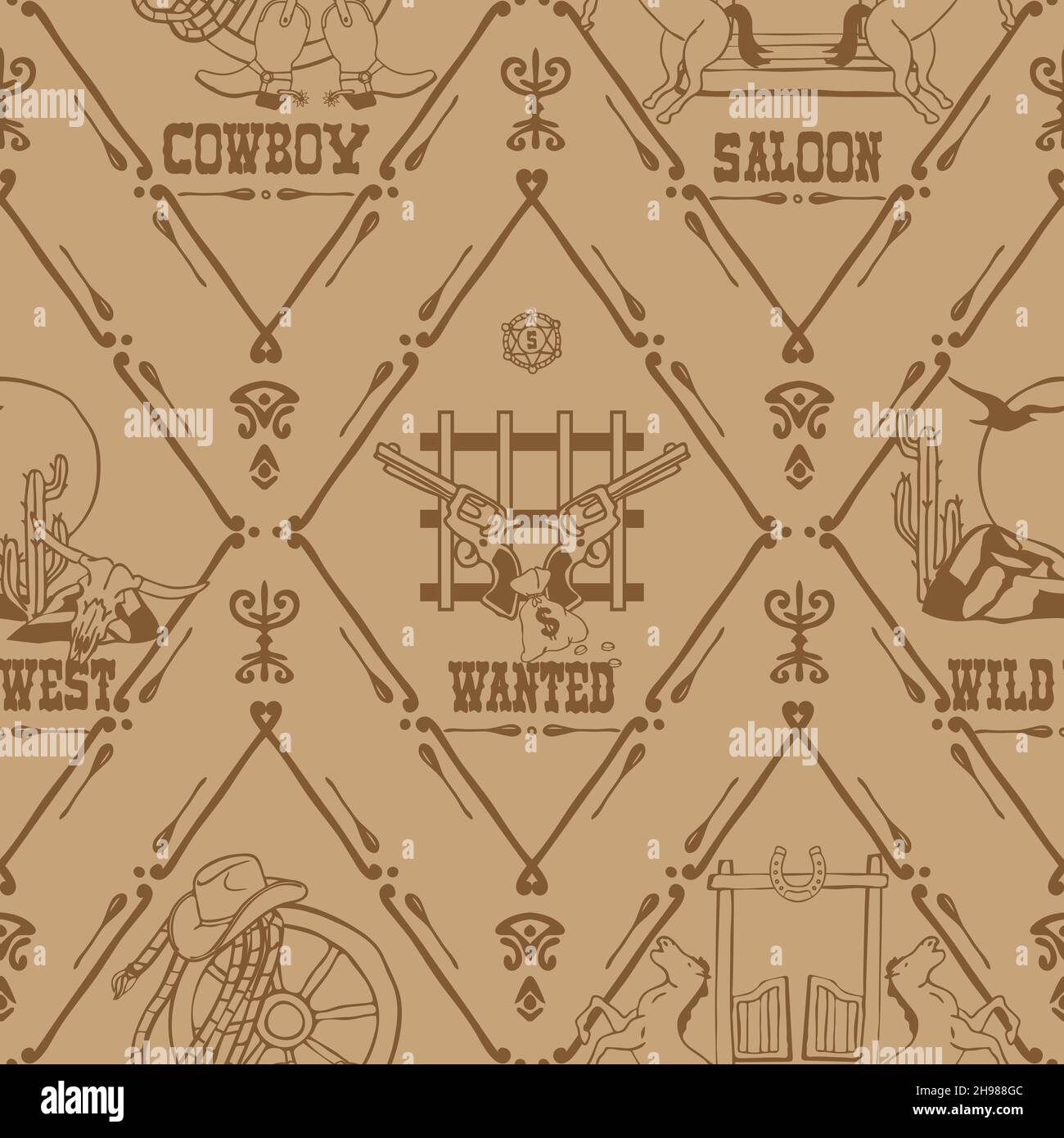 Seamless vector pattern with wild west symbols on off white background. Vintage western Texas wallpaper design. Decorative poster fashion textile. Stock Vector