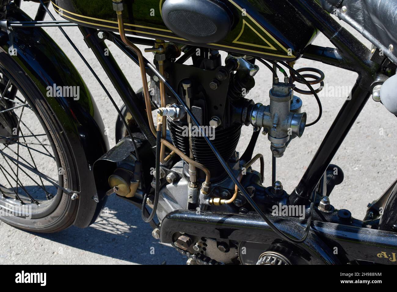 Engine of a 1927 AJS Big Port motorcycle. Stock Photo
