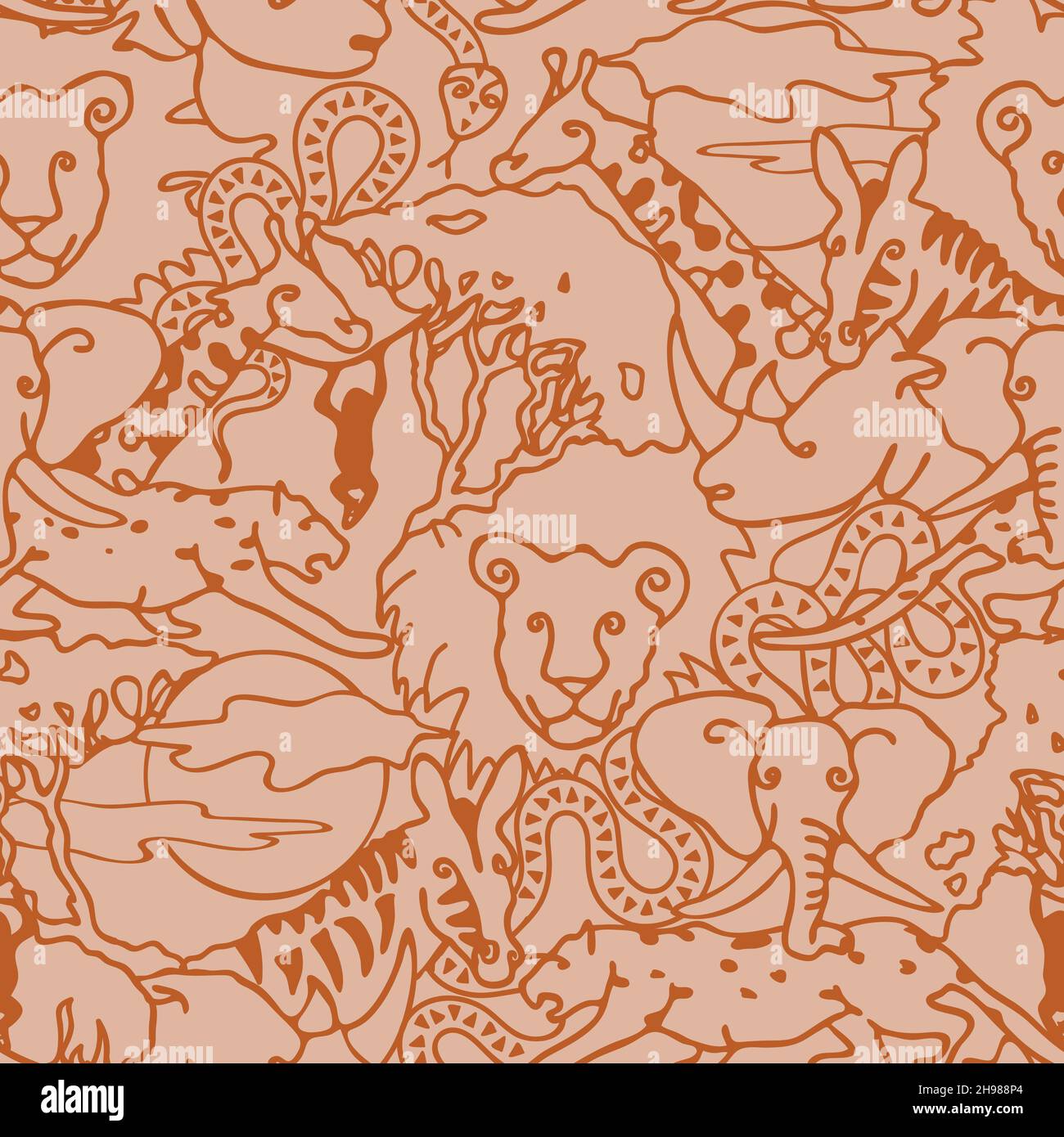 Seamless vector pattern with African animal on beige background. Safari one line wallpaper design for children. Stock Vector