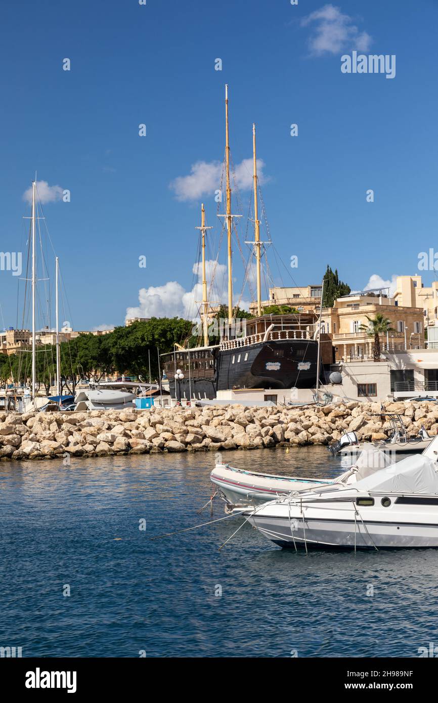 The Black Pearl Wooden Schooner now a restaurant beside Ta Xbiex Yacht Marina, Grand Harbour, Malta, Europe. Stock Photo