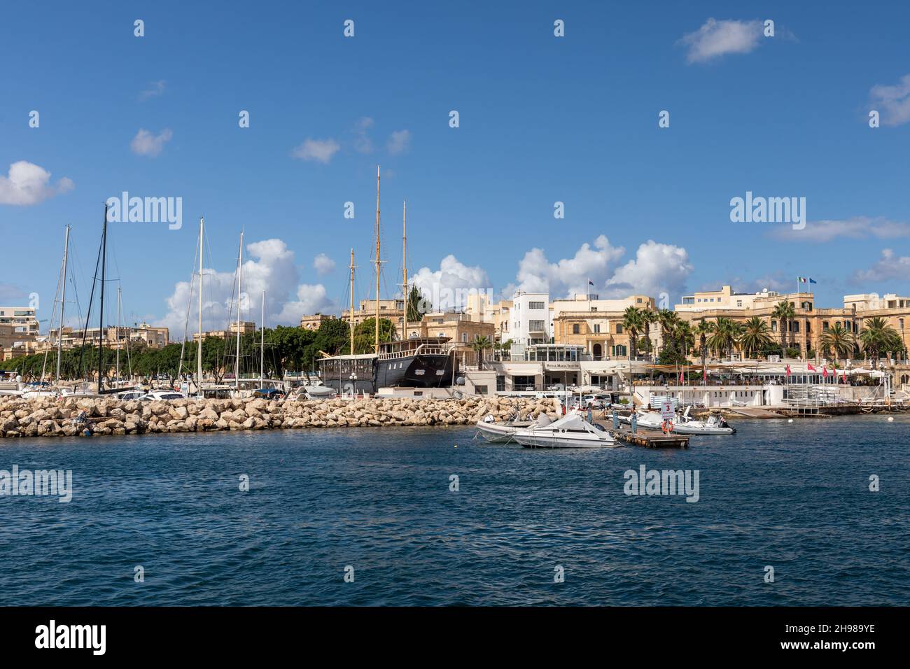 The Black Pearl Wooden Schooner now a restaurant beside Ta Xbiex Yacht Marina, Grand Harbour, Malta, Europe. Stock Photo