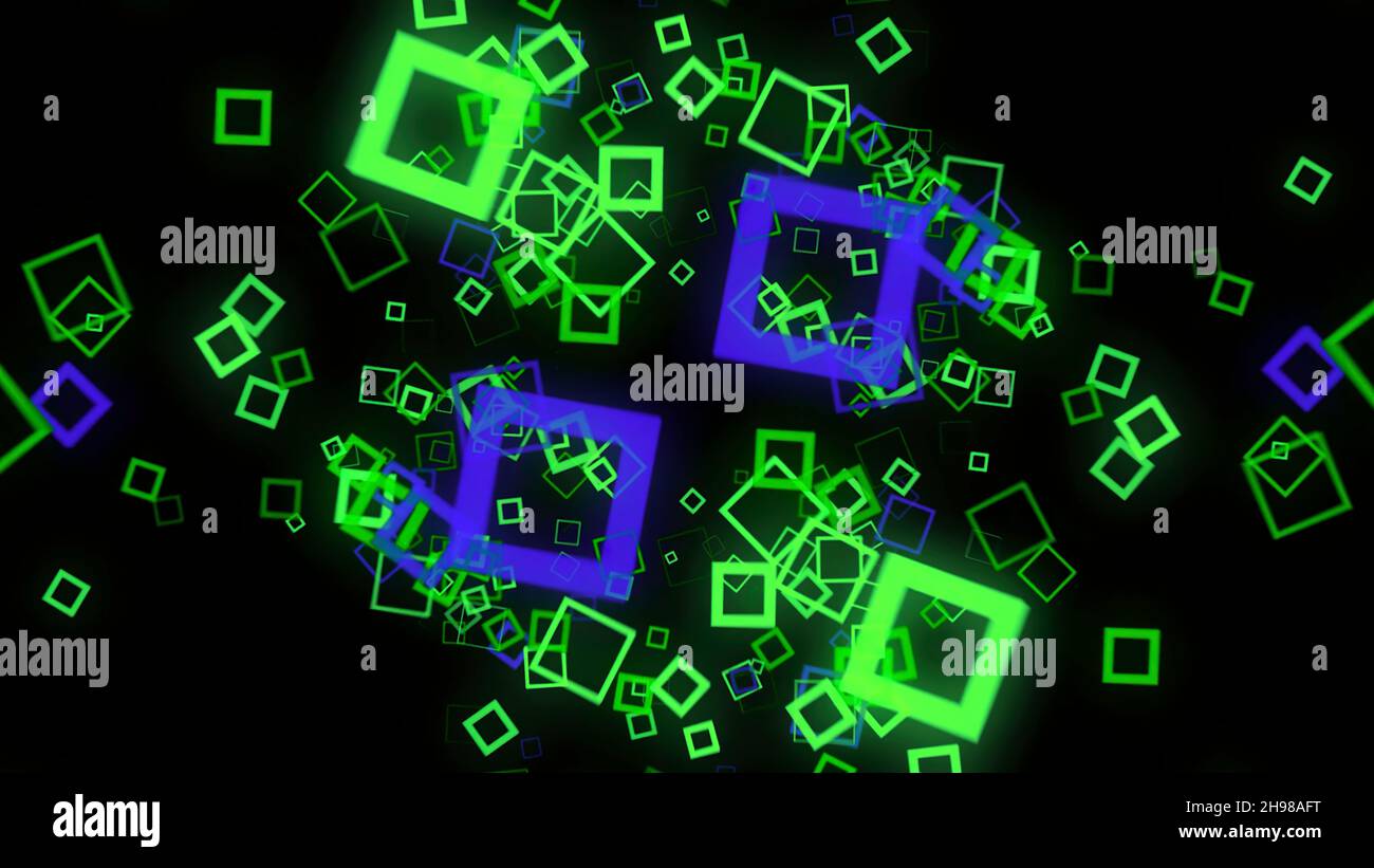 Futuristic background of cubic on black background. Animation. Neon square frames spread out with hypnotic matrix effect on black background. Stock Photo