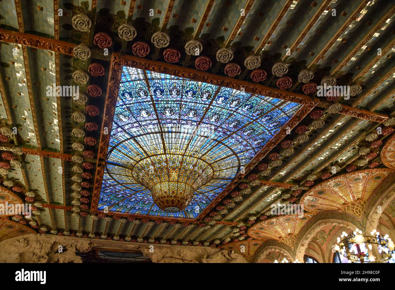 Barcelona, Spain - 23 Nov, 2021: Stained-glass dome ceiling Palau de la Música Catalana concert hall interior view, Barcelona, Catalonia, Spain Stock Photo