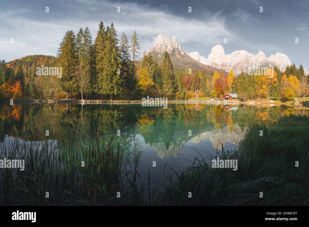 Picturesque view at autumn Welsperg lake in Dolomite Alps. Canali Valley, Primiero San Martino di Castrozza, Province of Trento, Italy. Landscape photography Stock Photo