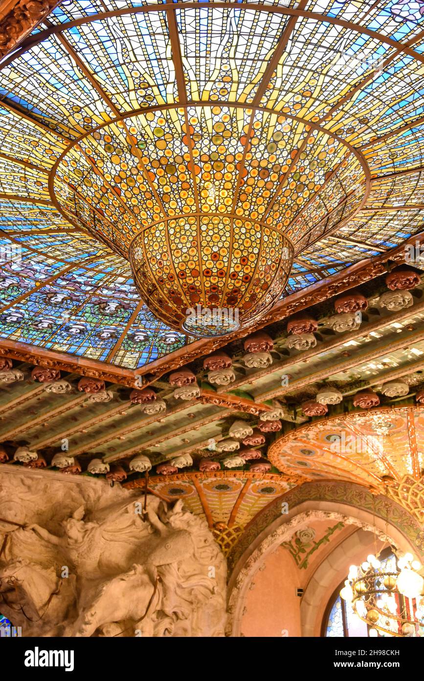 Barcelona, Spain - 23 Nov, 2021: Stained-glass dome ceiling Palau de la Música Catalana concert hall interior view, Barcelona, Catalonia, Spain Stock Photo