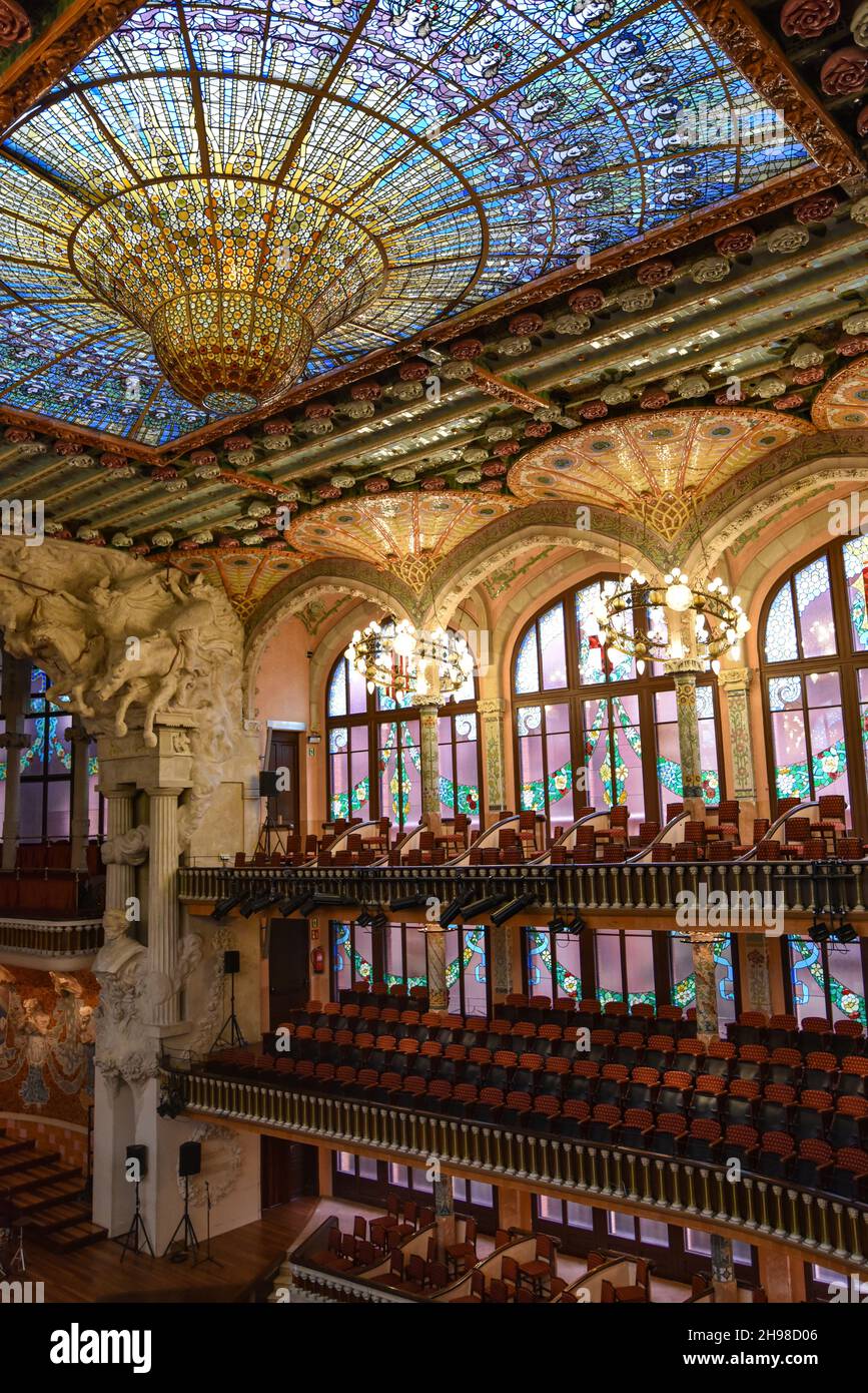 Barcelona, Spain - 23 Nov, 2021: Interior view of the Palau de la Musica Catalana or Palace of Catalan Music, Barcelona, Catalonia, Spain Stock Photo