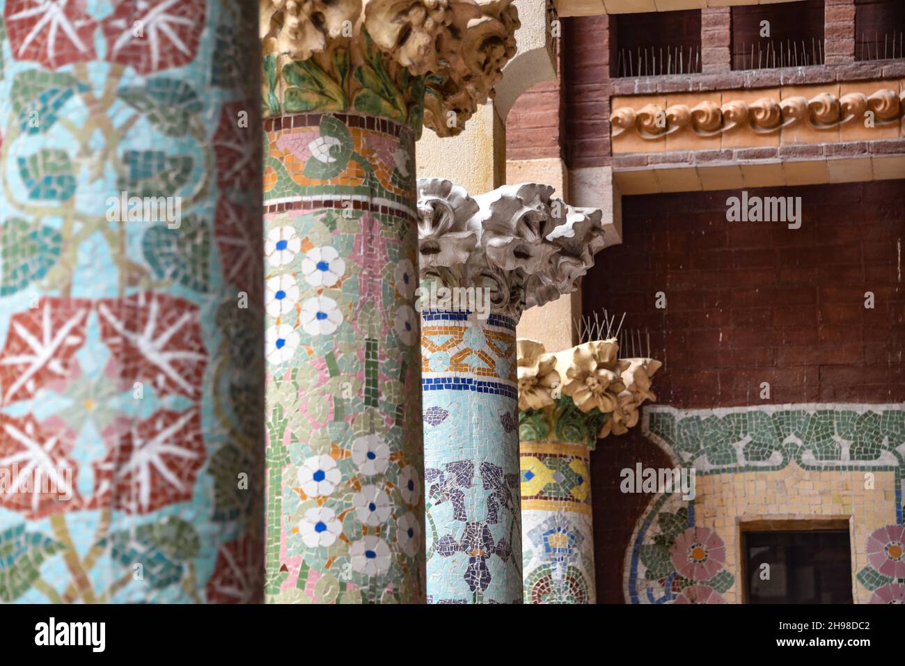 Barcelona, Spain - 23 Nov, 2021: Colourful ornate columns on the exterior balcony of the Palau De La Musica, Barcelona, Spain Stock Photo