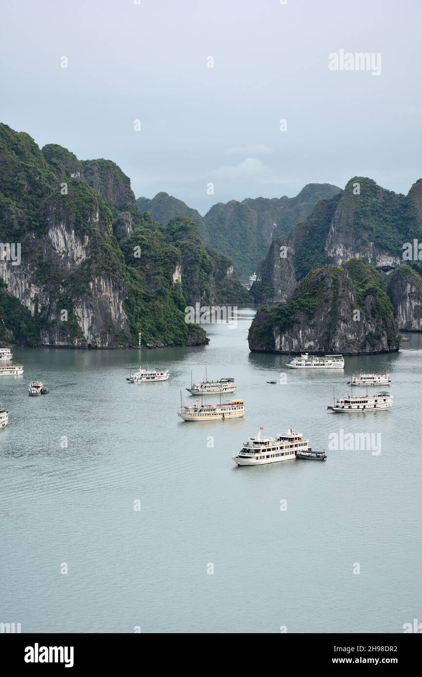 Karst islands and cruises from the top of Ti Top island in Ha Long Bay, Vietnam Stock Photo