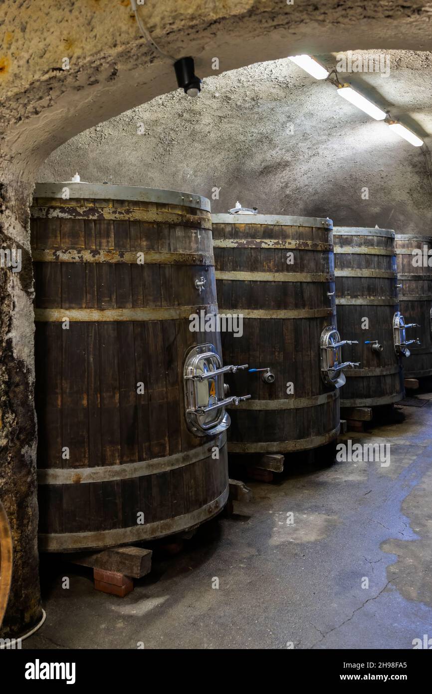 Wine cellars with barrels, traditional wine called Bikaver near Eger