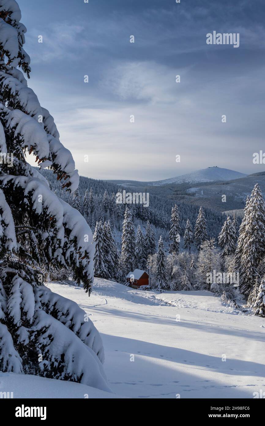 Winter landscape with Snezka hill, Giant Mountains (Krkonose), Eastern Bohemia, Czech Republic Stock Photo
