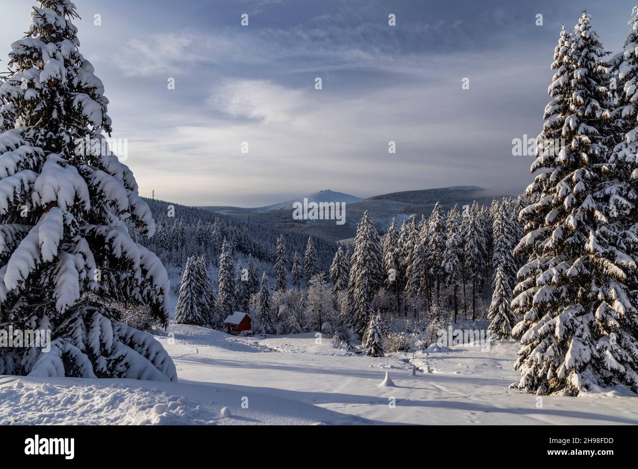 Winter landscape with Snezka hill, Giant Mountains (Krkonose), Eastern Bohemia, Czech Republic Stock Photo