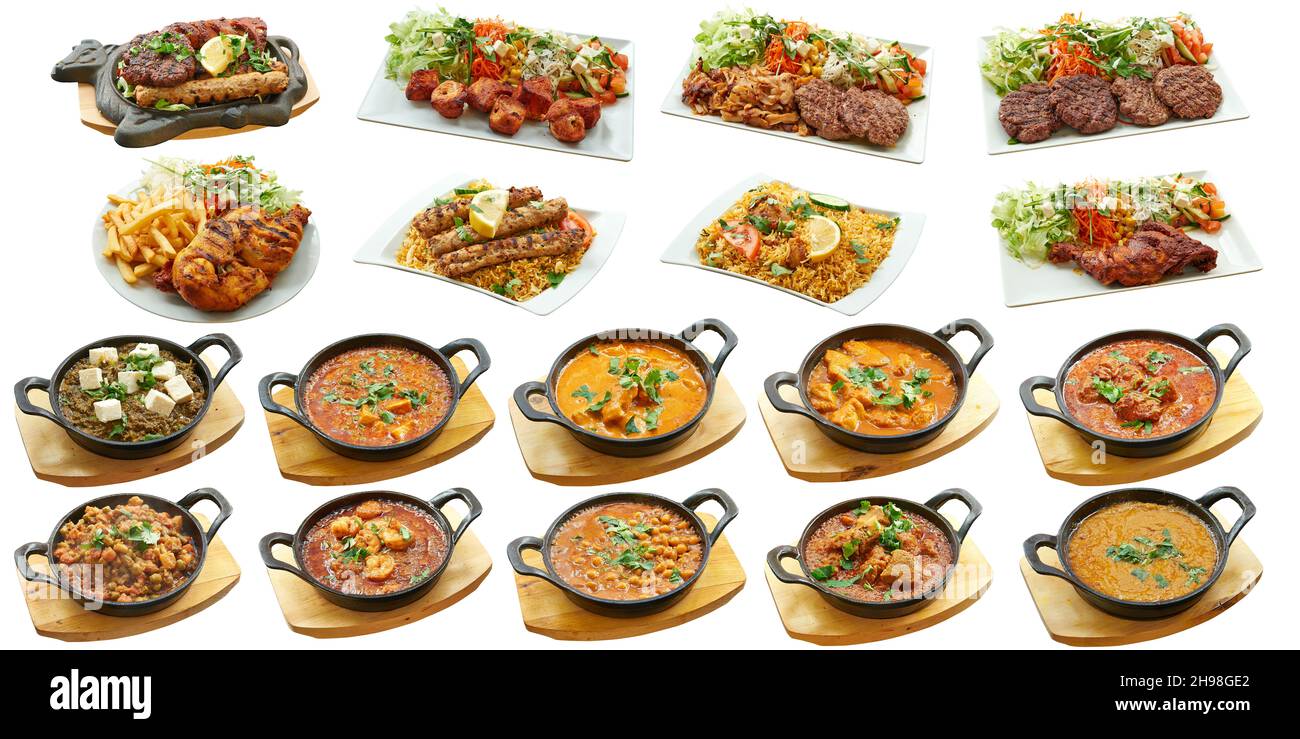 Collection of 18 cooked Indian dishes. Isolated on white Stock Photo
