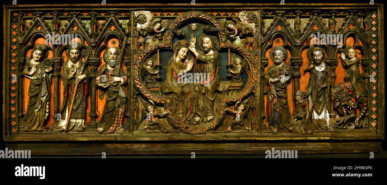 Galiotto , Front of Altar with the Coronation of the Virgin and Saints Catherine, Griglia, Paul, Peter, Ursus of Aosta (Irishman who died in Aosta), Margaret, 1295-1300 by Maestro della Madonna di Opera   Italy, Italian. Stock Photo