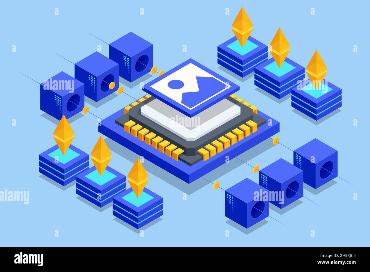 Isometric NFT Non-fungible token is a unique and non-interchangeable unit of data stored on a digital ledger blockchain. Digital art NFTs, generative Stock Vector