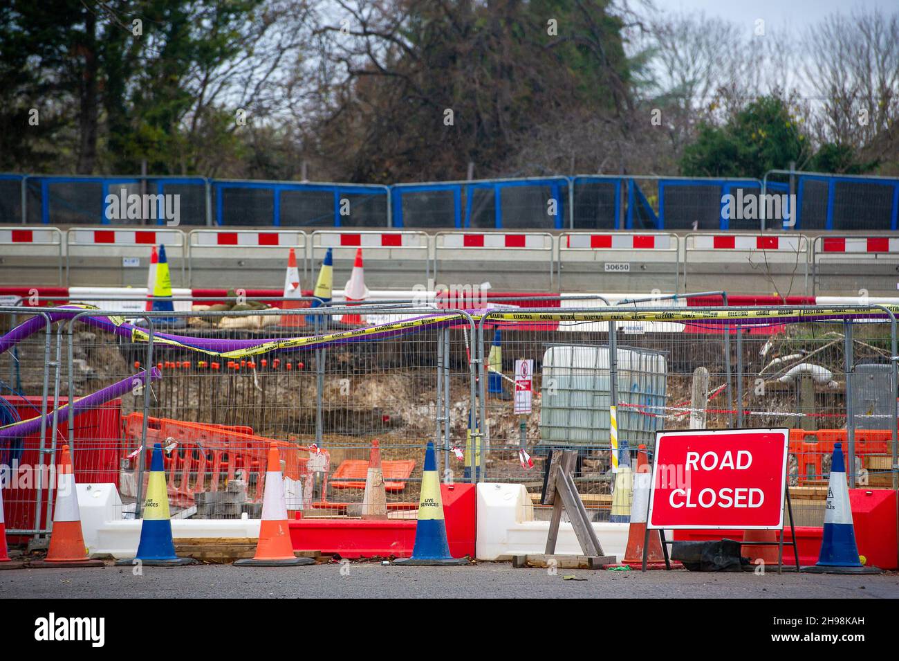 Dorney Reach, Buckinghamshire, UK. 5th December, 2021. A closed road in the village of Dorney Reach due to the M4 Smart Motorway upgrade. Credit: Maureen McLean/Alamy Live News Stock Photo