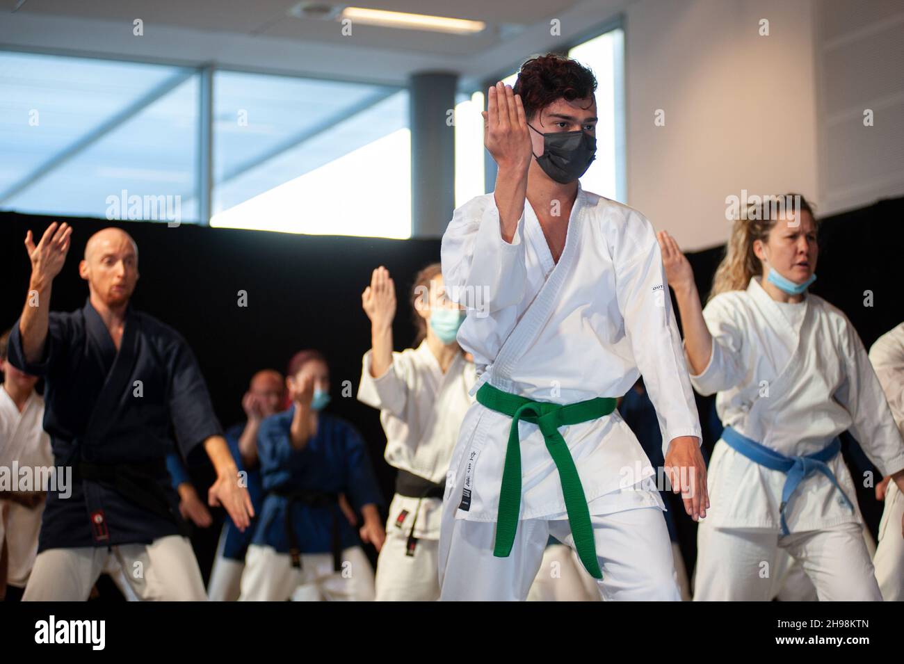 Florence, Italy - 2021, November 28: Athletes of Karate during a training session. Stock Photo