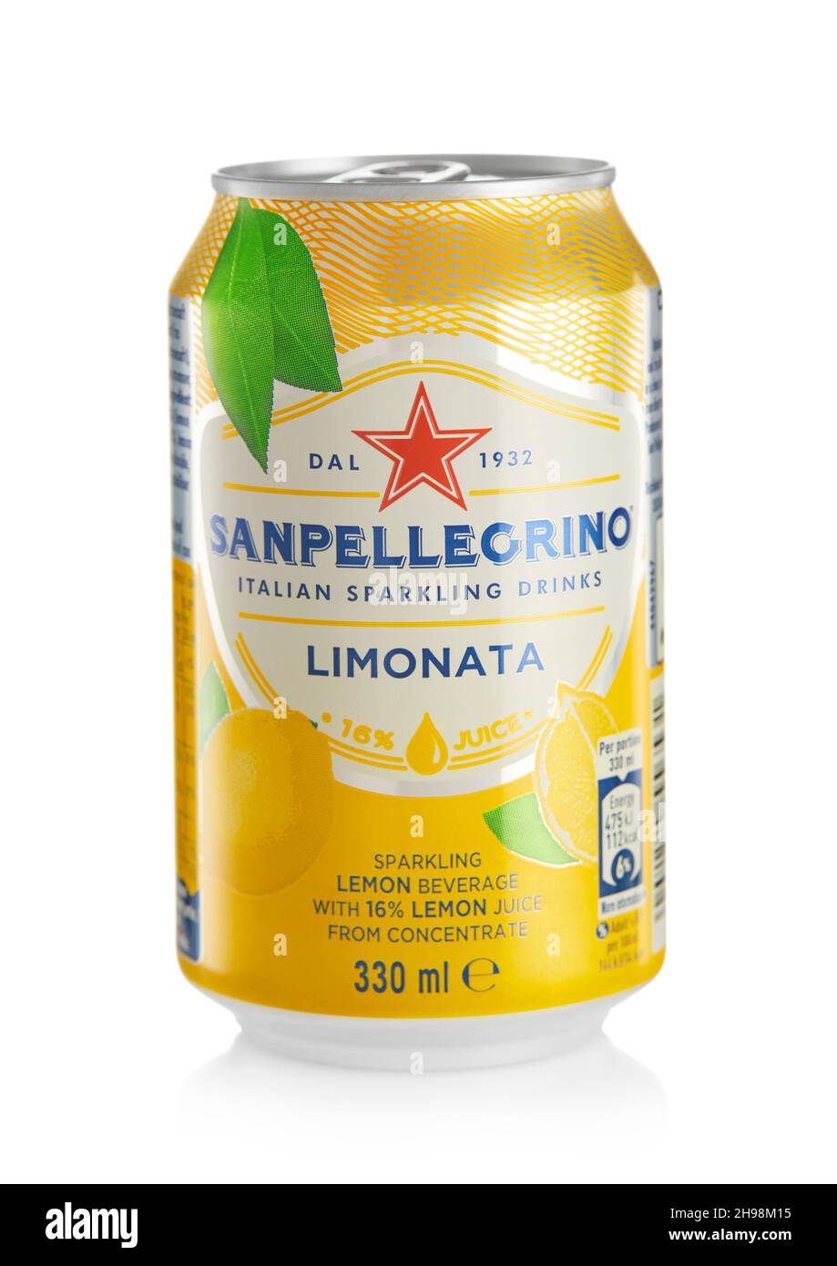 LONDON,UK - OCTOBER 21, 2021 : Aluminium can of Sanpellegrino soda soft drink with Lemon juice on white Stock Photo