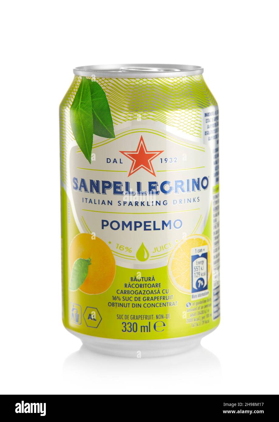 LONDON,UK - OCTOBER 21, 2021 : Aluminium can of Sanpellegrino soda soft drink with Pomelo juice on white Stock Photo