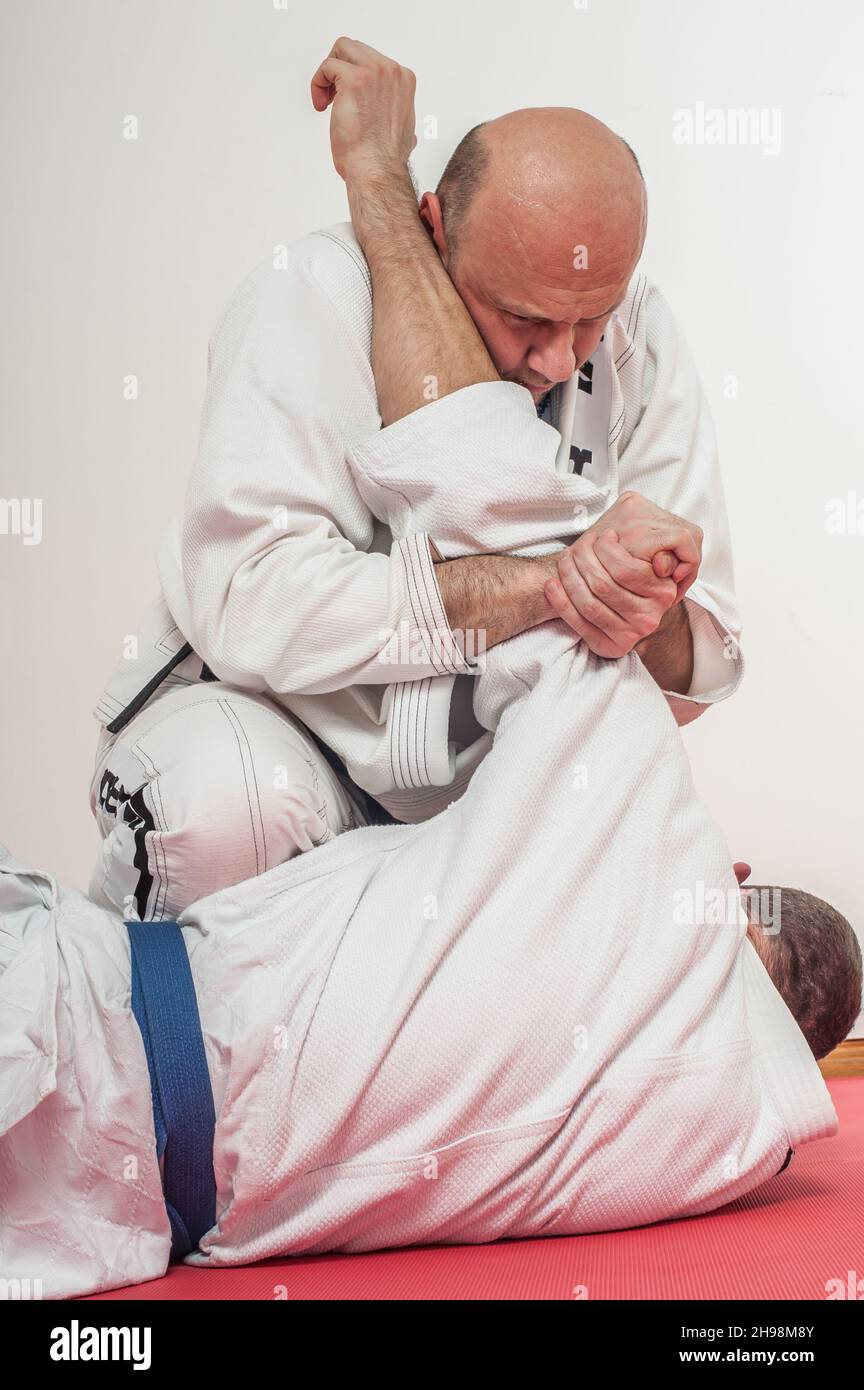 BJJ Brazilian jiujitsu training demonstration in traditional kimono