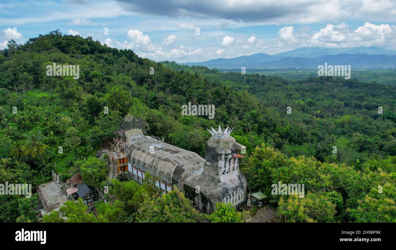 Aerial view of Chiken Church, a unique building on the hill of Rhema, Magelang Yogyakarta. Bukit Rhema. Magelang, Indonesia, December 6, 2021 Stock Photo