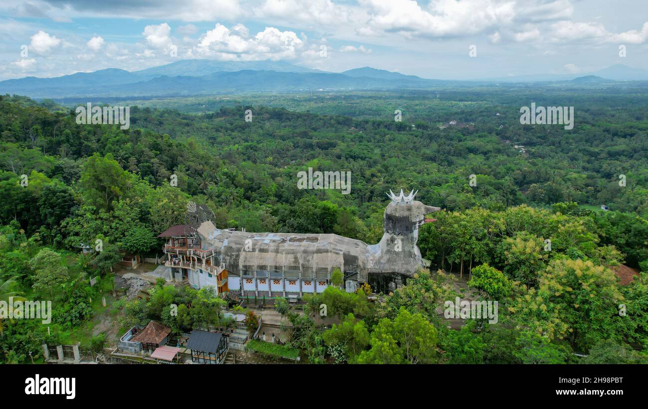 Aerial view of Chiken Church, a unique building on the hill of Rhema, Magelang Yogyakarta. Bukit Rhema. Magelang, Indonesia, December 6, 2021 Stock Photo