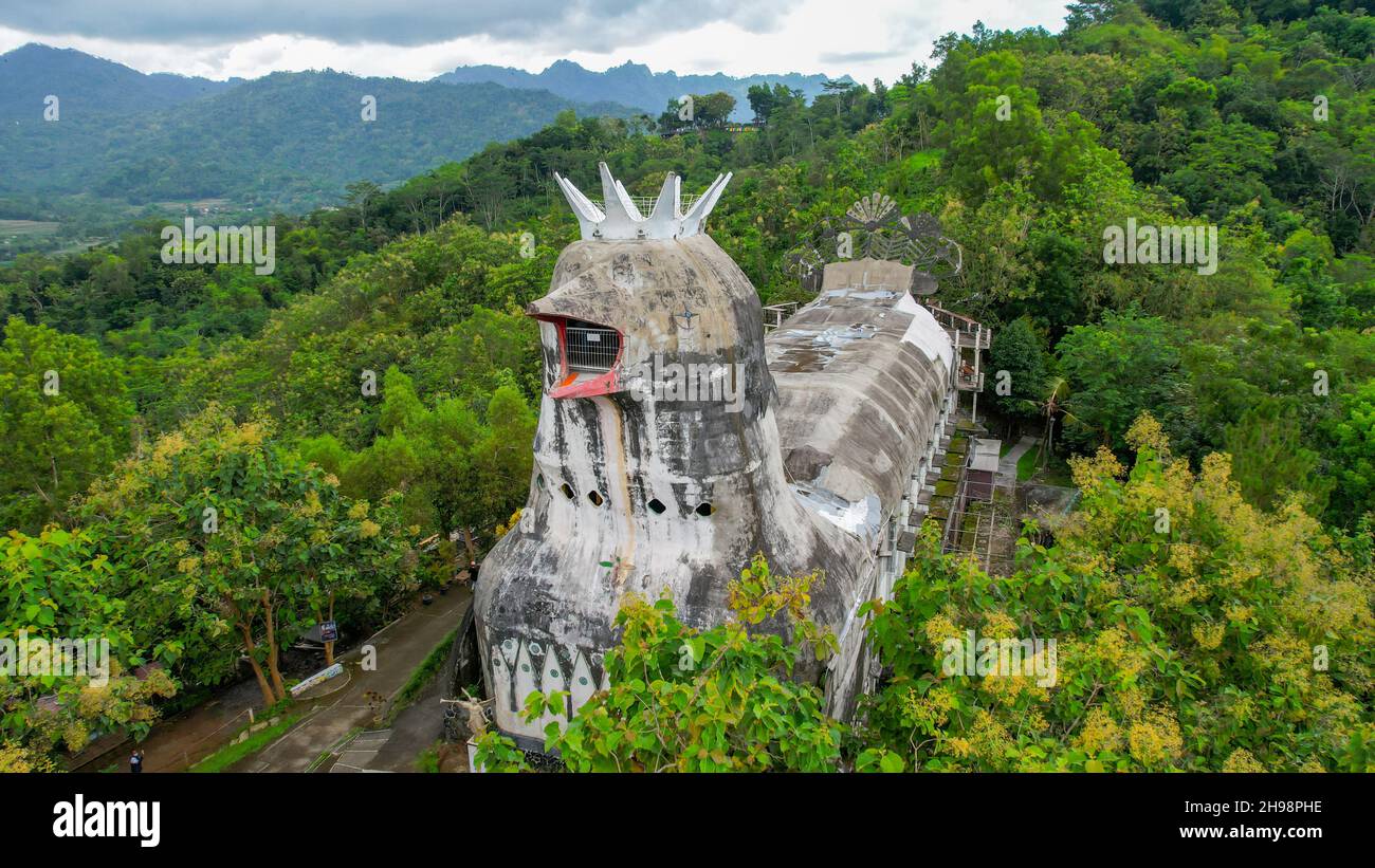 Aerial view of Chiken Church, a unique building on the hill of Rhema, Magelang Yogyakarta. Bukit Rhema. Magelang, Indonesia, December 6, 2021 Stock Photo