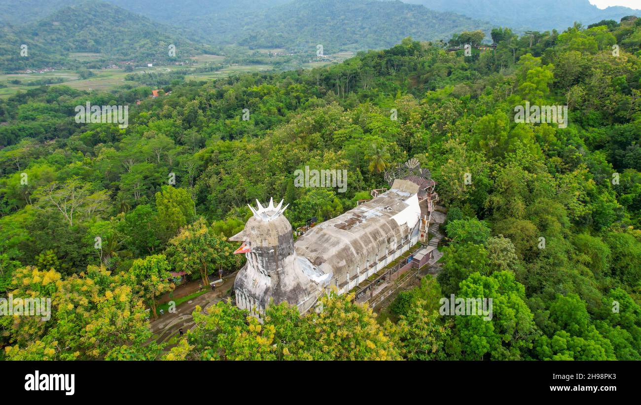 Aerial view of Chiken Church, a unique building on the hill of Rhema, Magelang Yogyakarta. Bukit Rhema. Magelang, Indonesia, December 6, 2021 Stock Photo