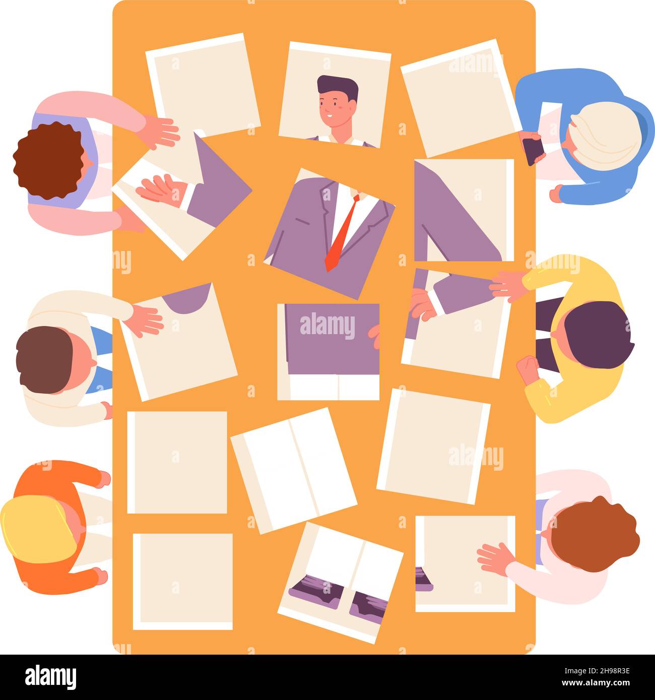 Team collect worker. Cut parts photo, people fold puzzle. Teamwork, group find boss or employee. Recruitment service, hr managers utter vector scene Stock Vector