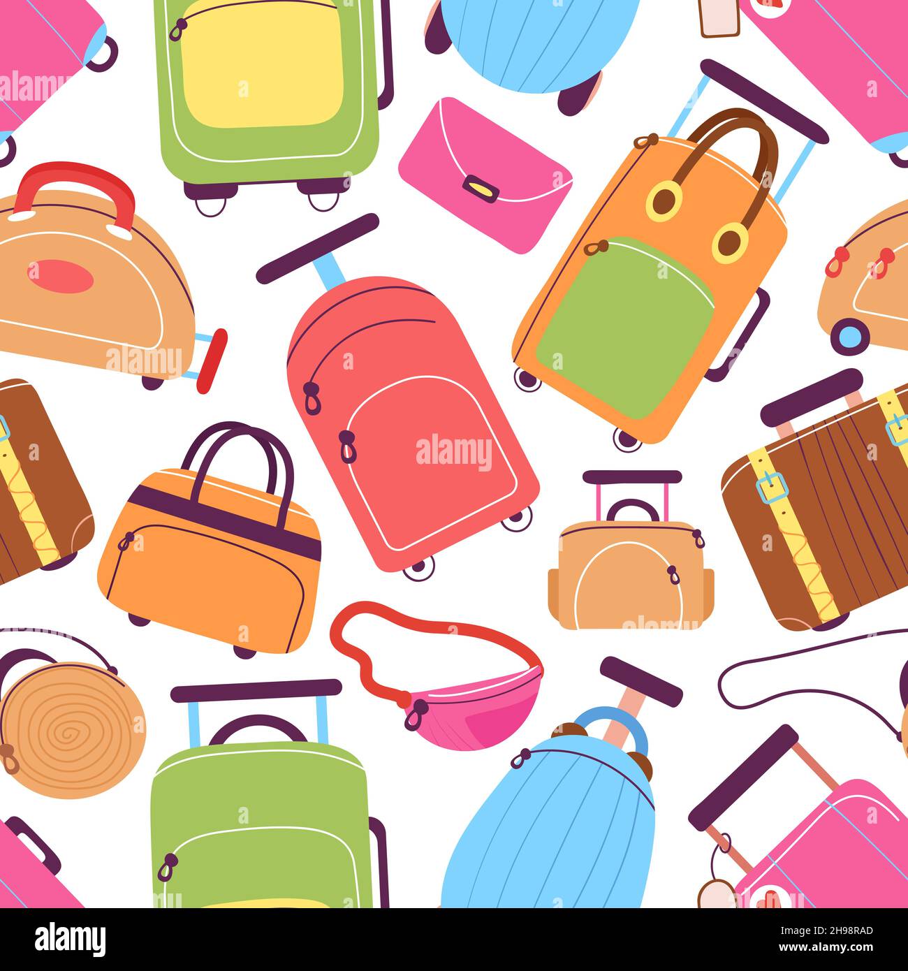 Doodle suitcases. Travel suitcase, luggage bags. Colorful female bag, vacation accessories. Cabin size baggage, tourism store decent vector seamless Stock Vector