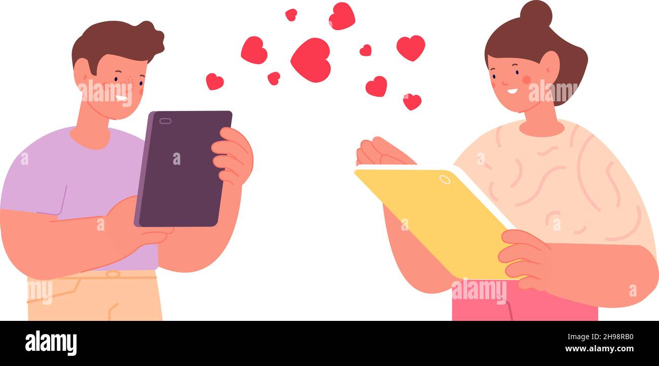 Children in love. Cute teens using tablet and smartphone. Digital friendship. Social media contacts, kids friends in internet vector characters Stock Vector