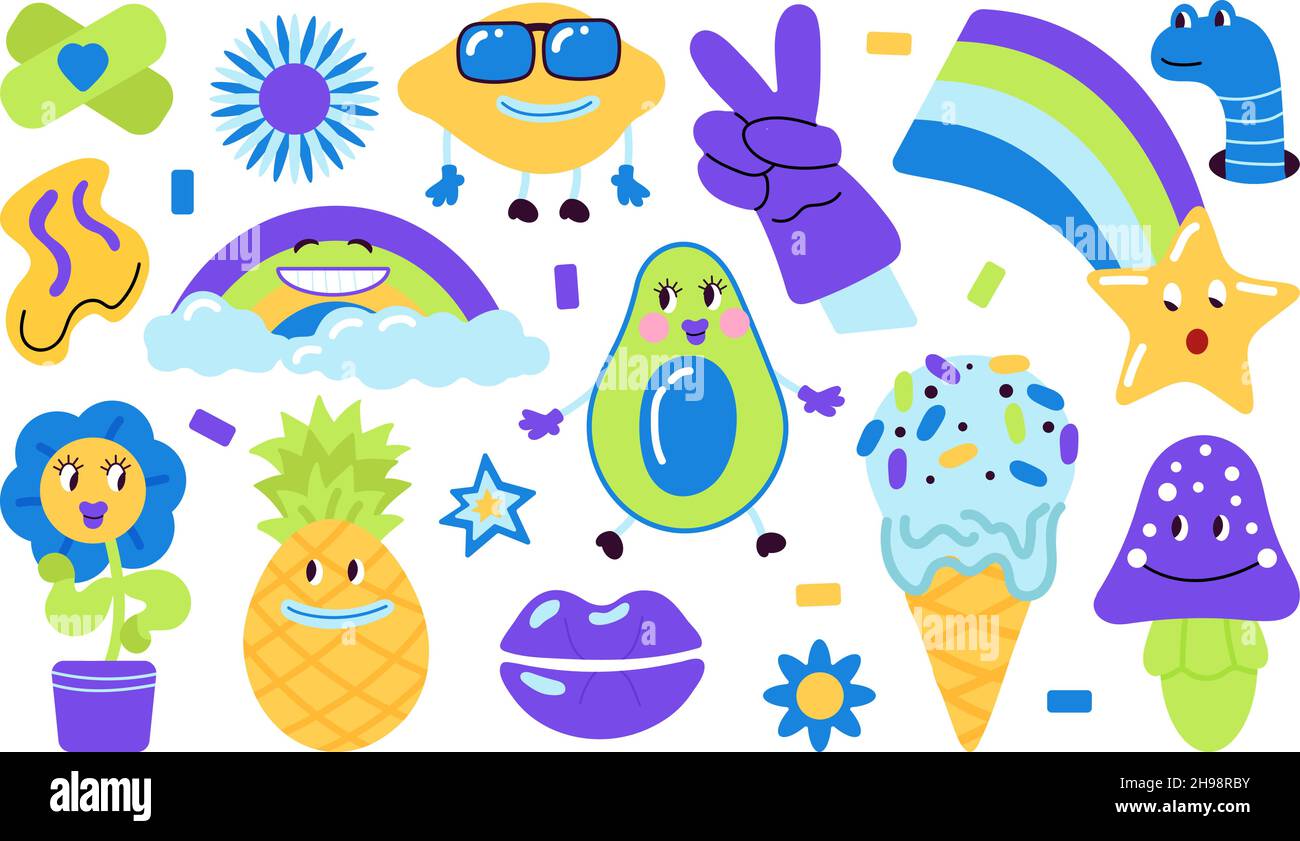 Psychedelic elements. Surreal fun patches, abstract funky creative art. Weird groovy design, trendy 1960s pop hipster sticker. Surrealism decent Stock Vector
