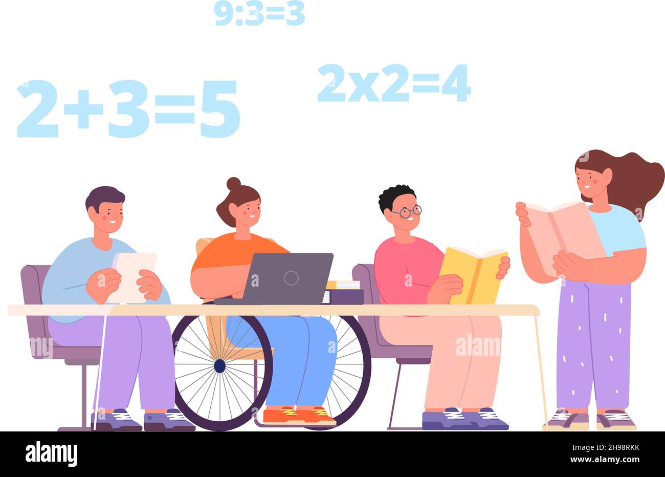 Inclusive education. Children reading book together. Kids on math lesson, disability kid study in class. Support and helping, no differents, vector Stock Vector